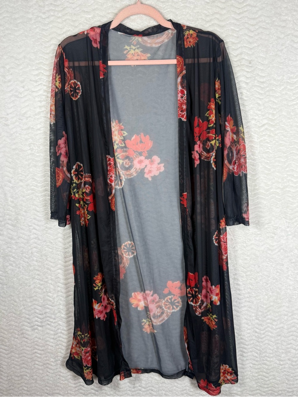 Sheer Floral Long Kimono Robe - Black with Red Floral